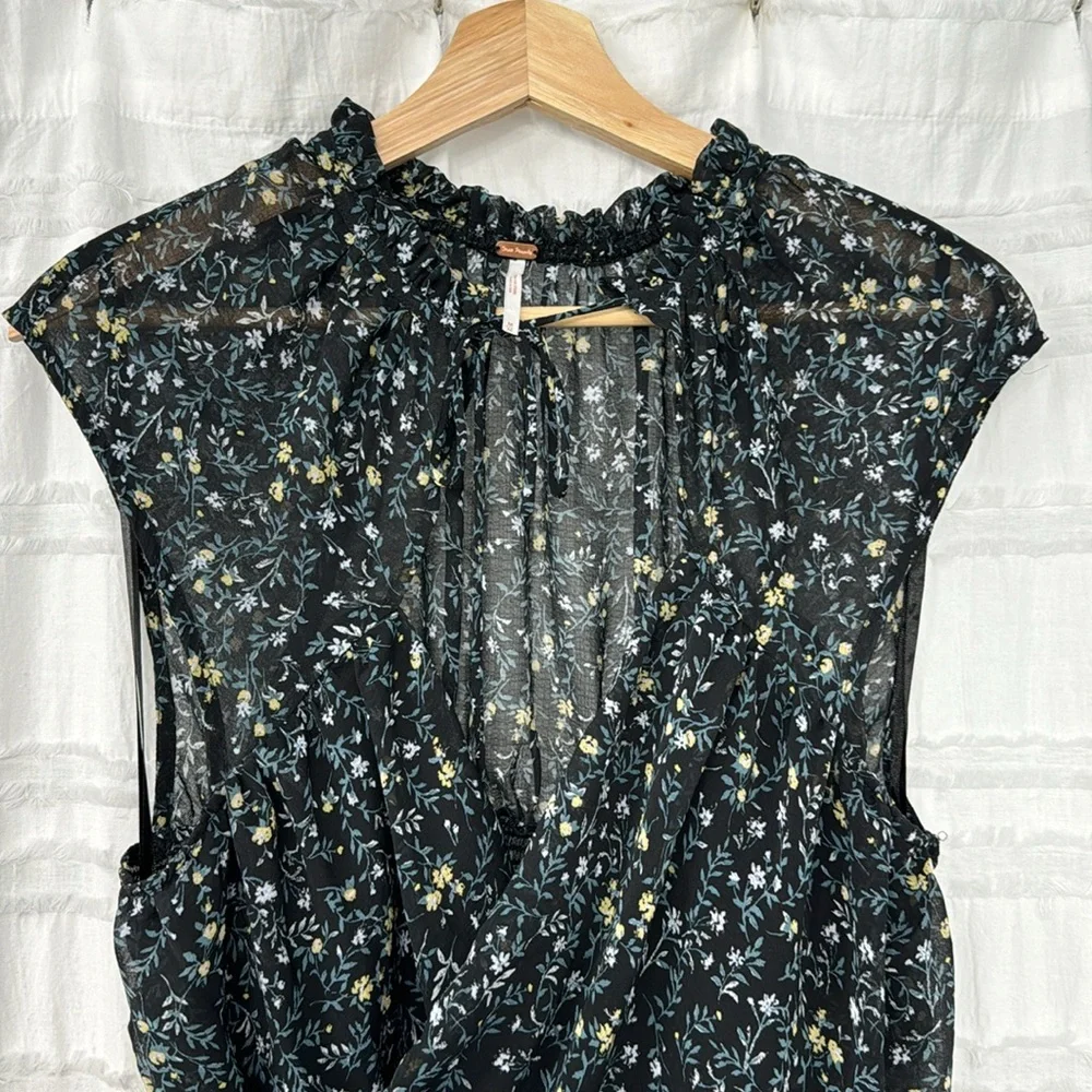 FREE PEOPLE BLACK FLORAL MA CHERIE CHIFFON TOP - Picture 4 of 6